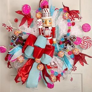 18” Christmas Nutcracker Wreath, Candyland Wreath, Holiday Decor, Rainbow Wreath